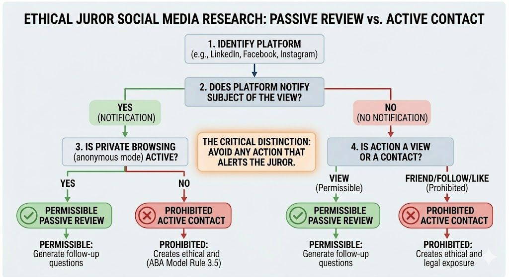 Flowchart titled 'Ethical Juror Social Media Research: Passive Review vs. Active Contact.' Starting from identifying the platform, it branches on whether the platform notifies the subject. If yes, a second branch asks whether private/anonymous browsing is active — yes leads to Permissible Passive Review; no leads to Prohibited Active Contact. If no notification, a second branch distinguishes between a view (Permissible Passive Review) and a friend/follow/like (Prohibited Active Contact). The central callout reads: The critical distinction — avoid any action that alerts the juror.
